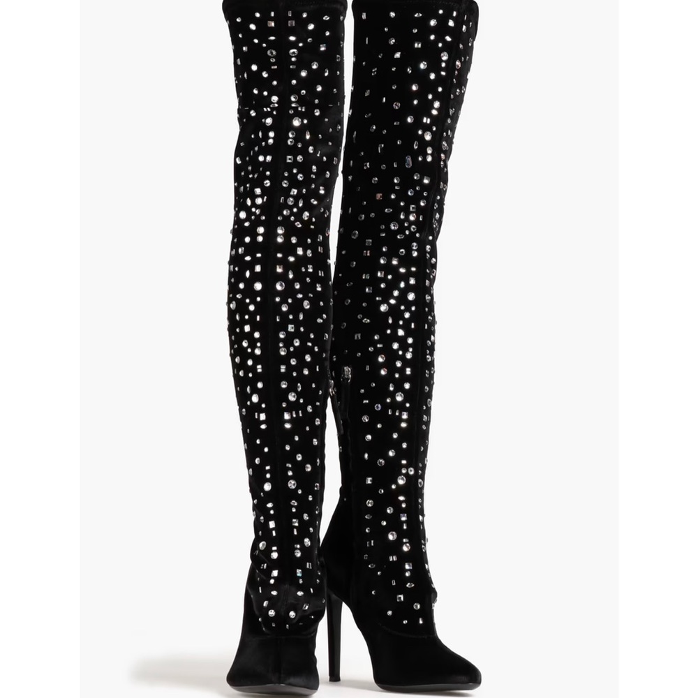 Over the Knee rhinestone black faux suede boots studded